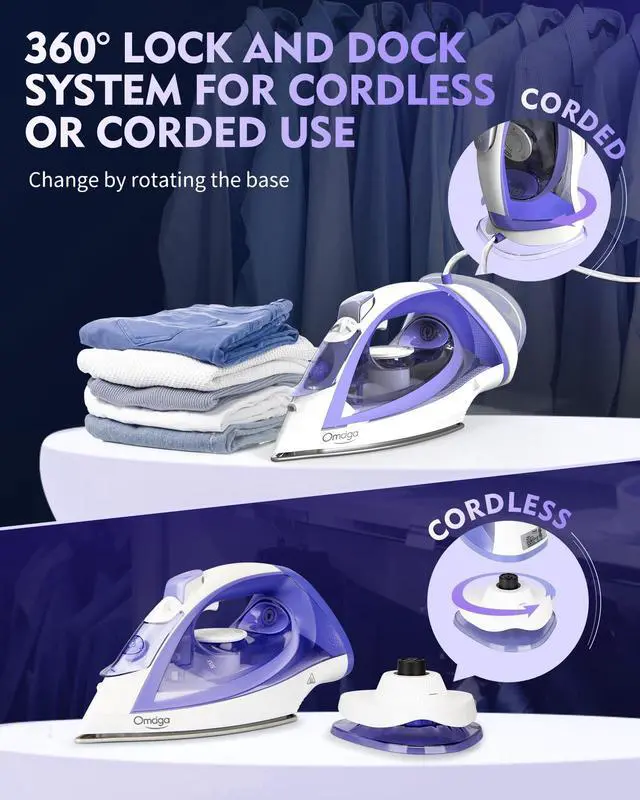 Alt view image 2 of 7 - Cordless Iron for Clothes, 1550W 2-In-1 Cordless/Corded Steam Iron Rapid Heating, Ceramic Soleplate, 3-Way Auto-Off, Self-Cleaning, 12.85oz Water Tank Ironing Clothes for Home, Purple