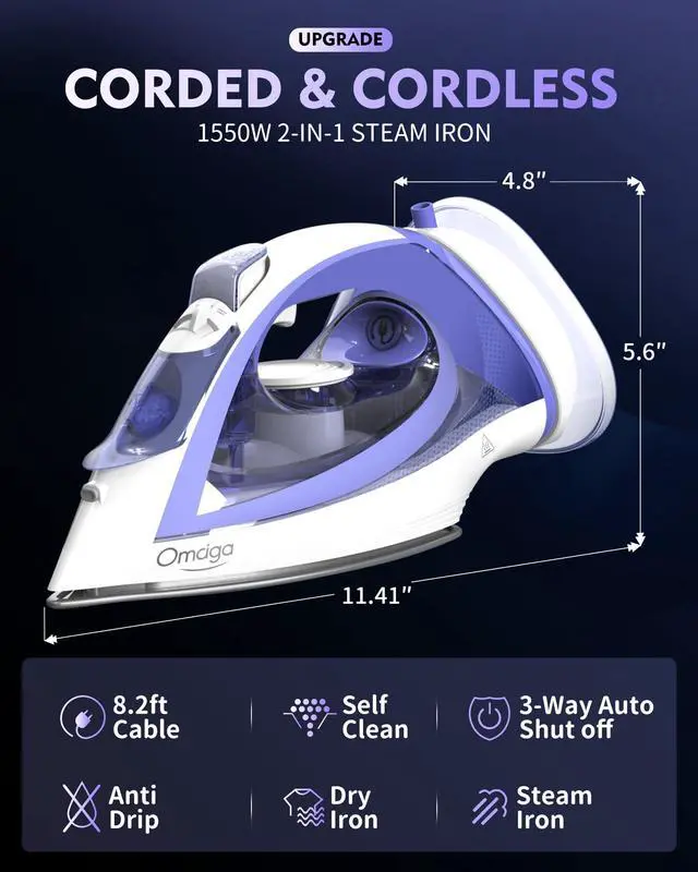 Alt view image 3 of 7 - Cordless Iron for Clothes, 1550W 2-In-1 Cordless/Corded Steam Iron Rapid Heating, Ceramic Soleplate, 3-Way Auto-Off, Self-Cleaning, 12.85oz Water Tank Ironing Clothes for Home, Purple