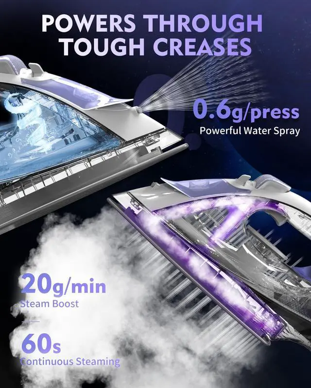 Alt view image 4 of 7 - Cordless Iron for Clothes, 1550W 2-In-1 Cordless/Corded Steam Iron Rapid Heating, Ceramic Soleplate, 3-Way Auto-Off, Self-Cleaning, 12.85oz Water Tank Ironing Clothes for Home, Purple