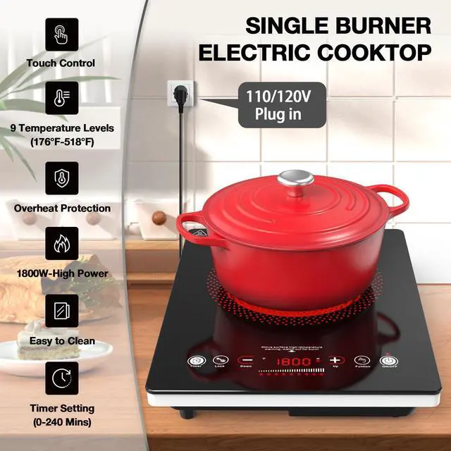 Alt view image 2 of 7 - Single Burner Electric Cooktop,110V 1800W Electric Stove Top with LED Touch Control,Single electric burner 9 Power Levels, 4 hTimer, Safety Lock,Overheat protection