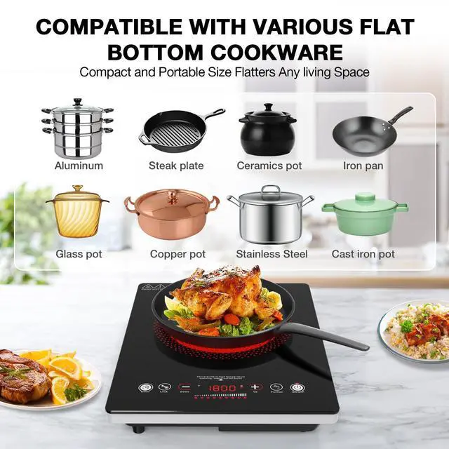 Alt view image 3 of 7 - Single Burner Electric Cooktop,110V 1800W Electric Stove Top with LED Touch Control,Single electric burner 9 Power Levels, 4 hTimer, Safety Lock,Overheat protection