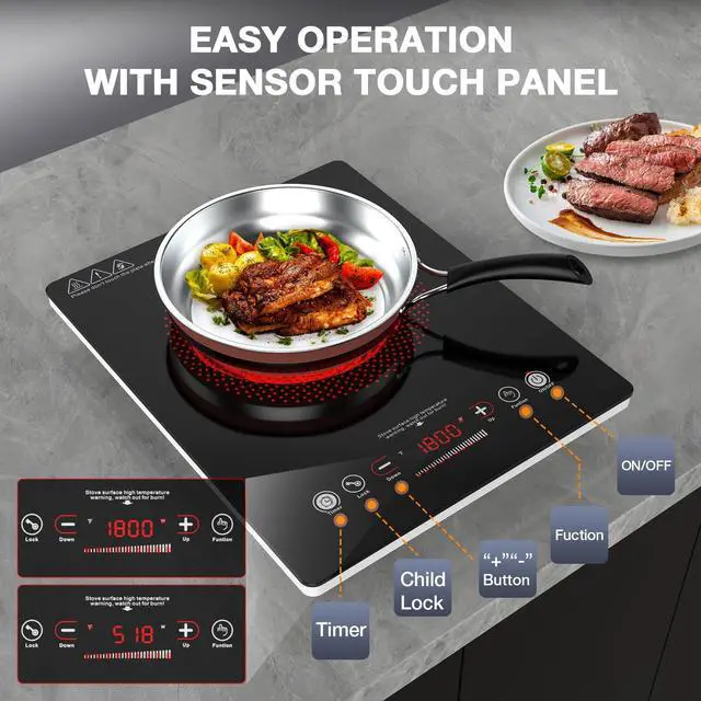 Alt view image 4 of 7 - Single Burner Electric Cooktop,110V 1800W Electric Stove Top with LED Touch Control,Single electric burner 9 Power Levels, 4 hTimer, Safety Lock,Overheat protection