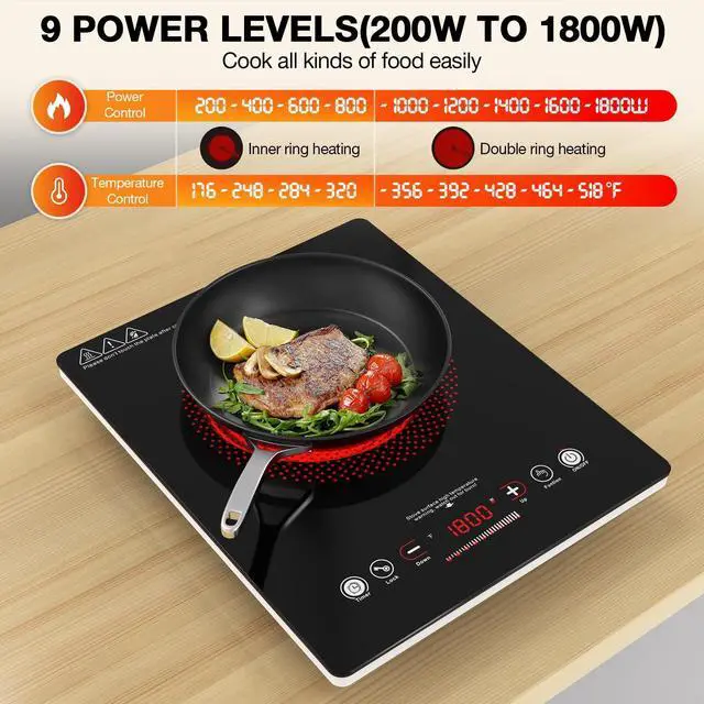 Alt view image 5 of 7 - Single Burner Electric Cooktop,110V 1800W Electric Stove Top with LED Touch Control,Single electric burner 9 Power Levels, 4 hTimer, Safety Lock,Overheat protection