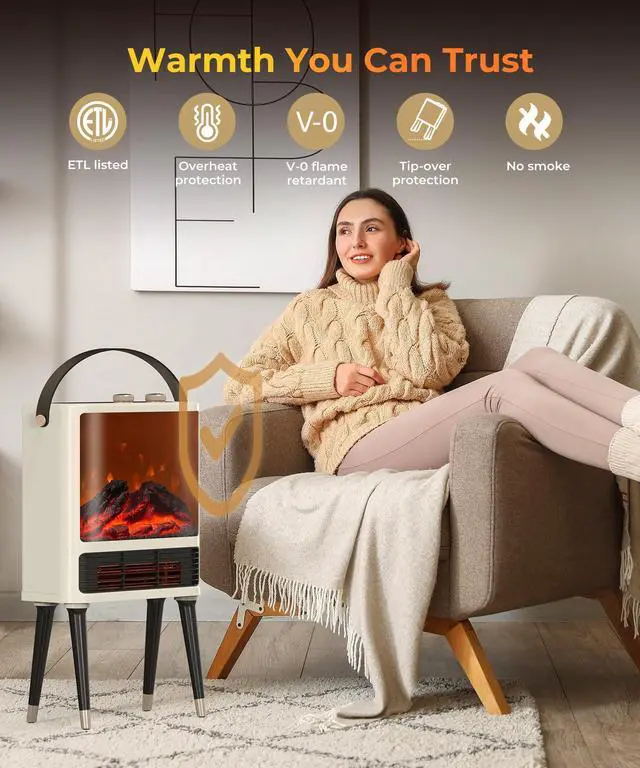 Alt view image 7 of 7 - Fireplace Heater, Fireplace Space Heater for Indoor Use, Space Heater with Realistic 3D LED Flame, 3 Modes, Overheating & Tip-Over Protection, 1500W Fireplace Electric Heater for Bedroom White