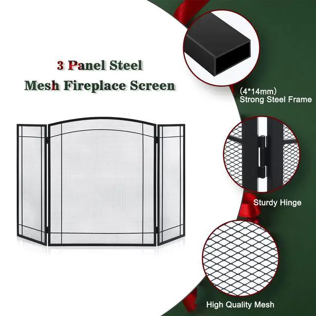 Alt view image 2 of 6 - 3 Panel Fireplace Screen 48" W x 29" H Modern Foldable with Wrought Metal Decorative Mesh,Arch Heavy Duty Fire Spark Guard Cover for Home Decor Indoor, Black