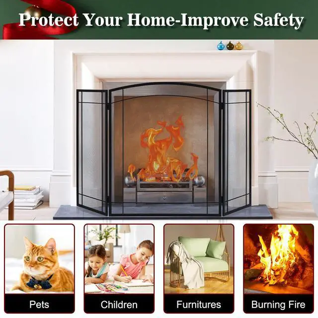 Alt view image 5 of 6 - 3 Panel Fireplace Screen 48" W x 29" H Modern Foldable with Wrought Metal Decorative Mesh,Arch Heavy Duty Fire Spark Guard Cover for Home Decor Indoor, Black