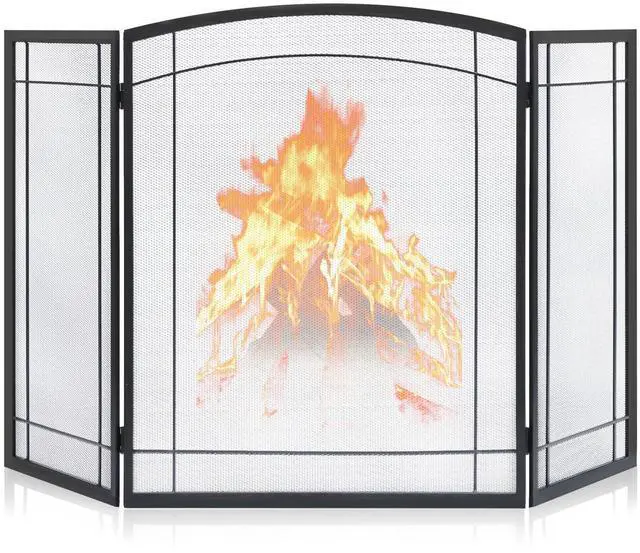 Main image of 3 Panel Fireplace Screen 48" W x 29" H Modern Foldable with Wrought Metal Decorative Mesh,Arch Heavy Duty Fire Spark Guard Cover for Home Decor Indoor, Black