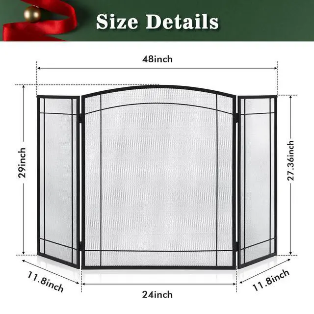 Alt view image 4 of 6 - 3 Panel Fireplace Screen 48" W x 29" H Modern Foldable with Wrought Metal Decorative Mesh,Arch Heavy Duty Fire Spark Guard Cover for Home Decor Indoor, Black