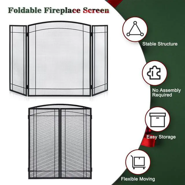 Alt view image 3 of 6 - 3 Panel Fireplace Screen 48" W x 29" H Modern Foldable with Wrought Metal Decorative Mesh,Arch Heavy Duty Fire Spark Guard Cover for Home Decor Indoor, Black