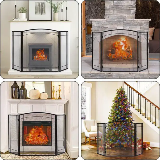 Alt view image 6 of 6 - 3 Panel Fireplace Screen 48" W x 29" H Modern Foldable with Wrought Metal Decorative Mesh,Arch Heavy Duty Fire Spark Guard Cover for Home Decor Indoor, Black