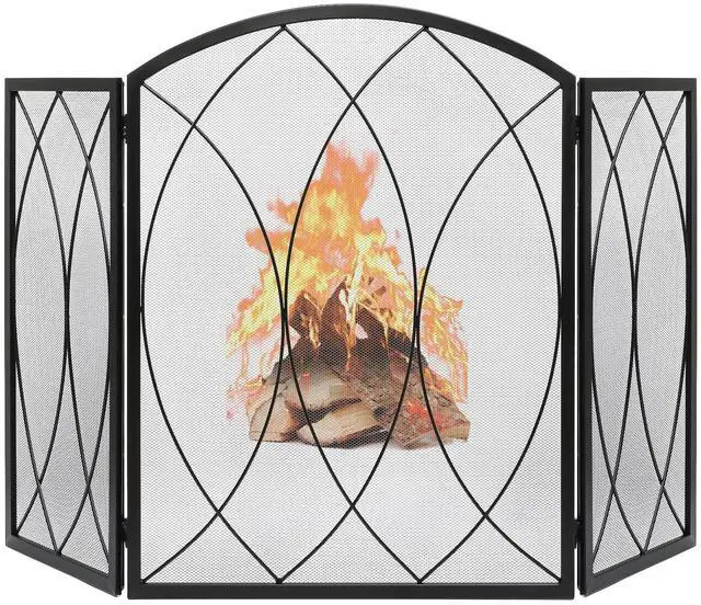 Main image of 3 Panel Fireplace Screen 48" W x 29.5" H Modern Foldable with Wrought Metal Decorative Mesh,Arch Heavy Duty Fire Spark Guard Cover for Home Decor Indoor, Black