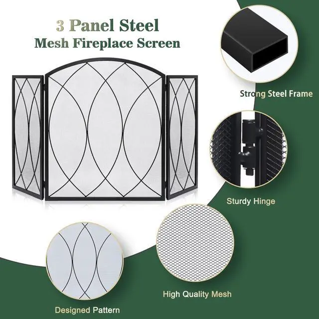 Alt view image 2 of 6 - 3 Panel Fireplace Screen 48" W x 29.5" H Modern Foldable with Wrought Metal Decorative Mesh,Arch Heavy Duty Fire Spark Guard Cover for Home Decor Indoor, Black
