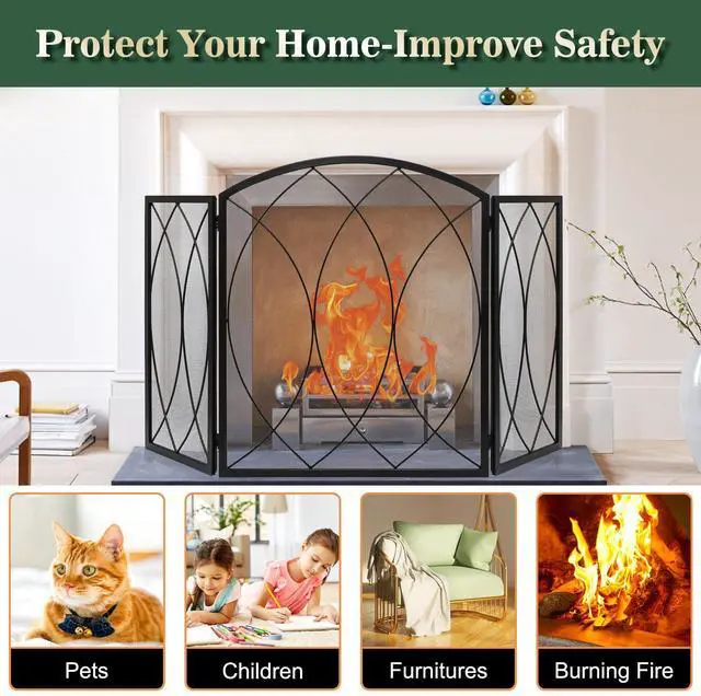 Alt view image 5 of 6 - 3 Panel Fireplace Screen 48" W x 29.5" H Modern Foldable with Wrought Metal Decorative Mesh,Arch Heavy Duty Fire Spark Guard Cover for Home Decor Indoor, Black