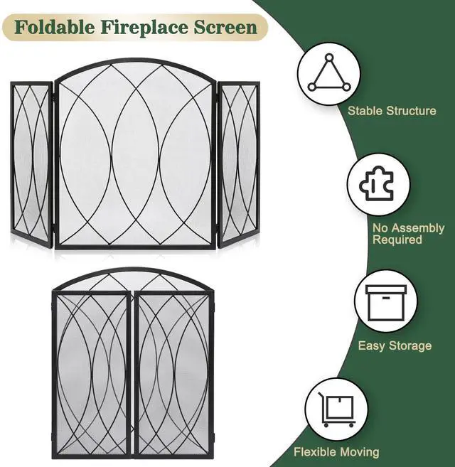 Alt view image 4 of 6 - 3 Panel Fireplace Screen 48" W x 29.5" H Modern Foldable with Wrought Metal Decorative Mesh,Arch Heavy Duty Fire Spark Guard Cover for Home Decor Indoor, Black