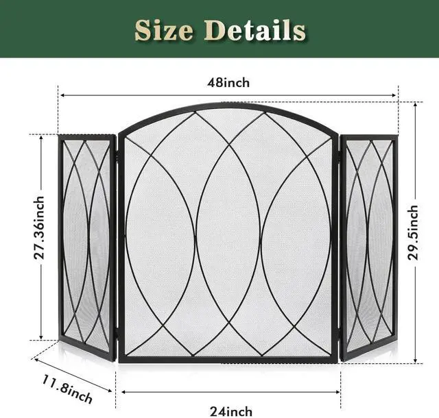 Alt view image 3 of 6 - 3 Panel Fireplace Screen 48" W x 29.5" H Modern Foldable with Wrought Metal Decorative Mesh,Arch Heavy Duty Fire Spark Guard Cover for Home Decor Indoor, Black