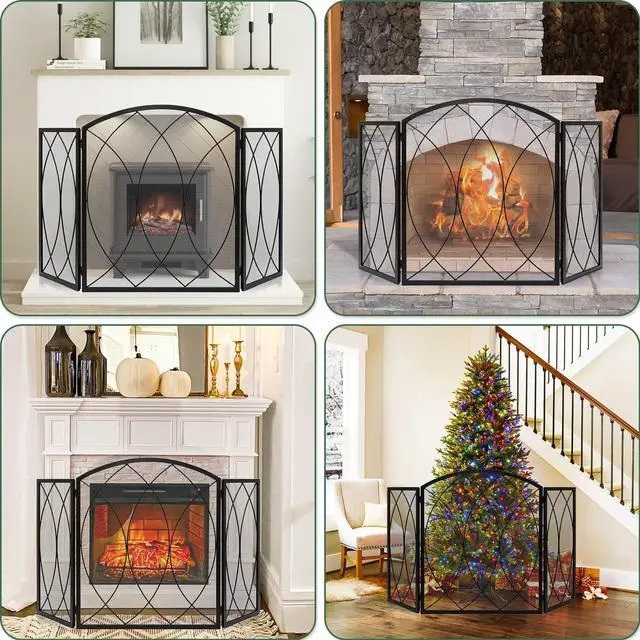 Alt view image 6 of 6 - 3 Panel Fireplace Screen 48" W x 29.5" H Modern Foldable with Wrought Metal Decorative Mesh,Arch Heavy Duty Fire Spark Guard Cover for Home Decor Indoor, Black