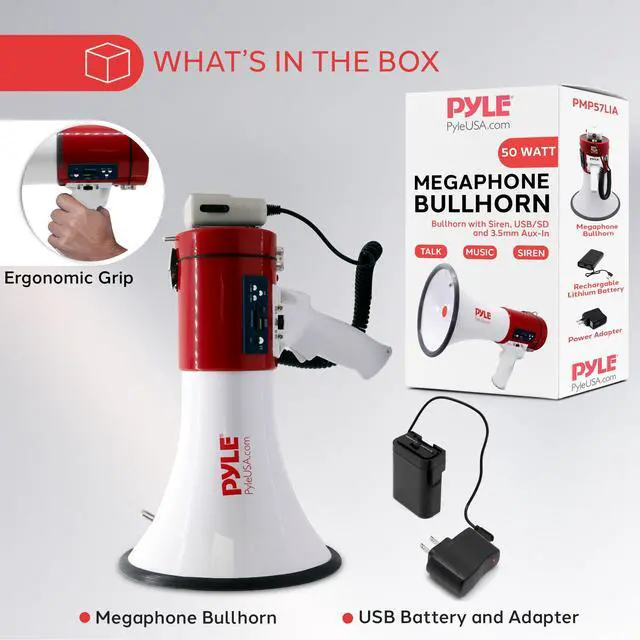 Alt view image 5 of 5 - Megaphone 50-Watt Siren Bullhorn - Bullhorn Speaker w/ Detachable Microphone, Portable Lightweight Strap & Rechargeable Battery - Professional Outdoor Voice for Police & Cheerleading - PMP57LIA