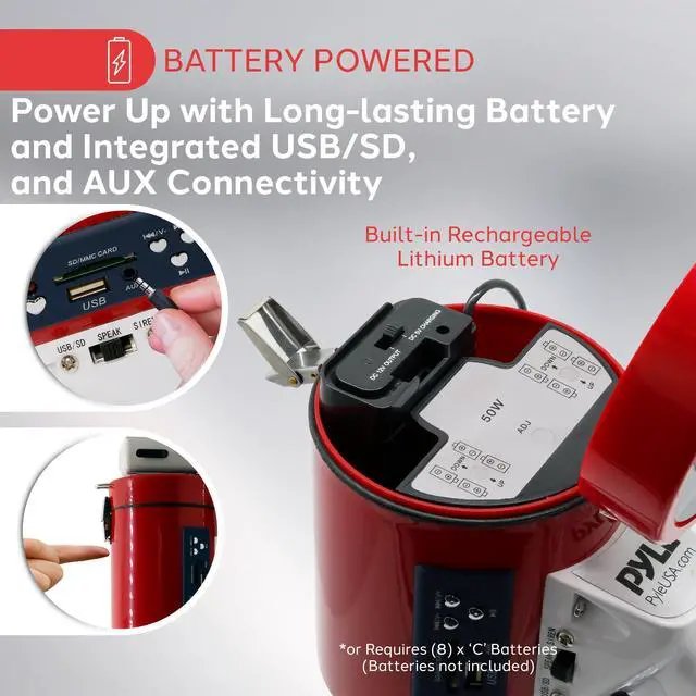 Alt view image 4 of 5 - Megaphone 50-Watt Siren Bullhorn - Bullhorn Speaker w/ Detachable Microphone, Portable Lightweight Strap & Rechargeable Battery - Professional Outdoor Voice for Police & Cheerleading - PMP57LIA