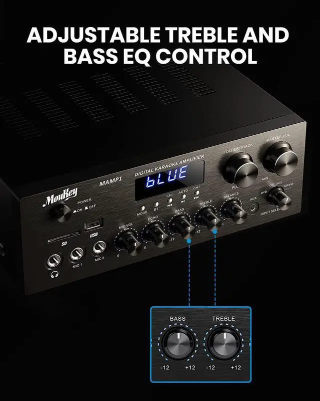 Alt view image 3 of 6 - Stereo Receivers with Bluetooth 5.0, 2.0 Channel Power Audio Amplifier Stereo System w/USB, SD, AUX, RCA, MIC in w/Echo, LED for Karaoke, Home Theater Speakers, 400W Peak, 25W× 2 RMS- MAMP1