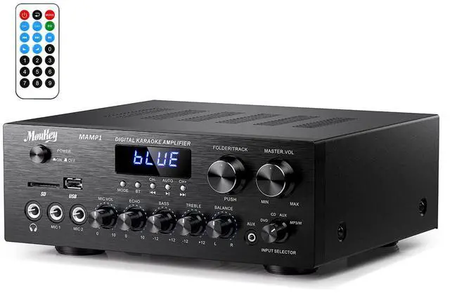 Main image of Stereo Receivers with Bluetooth 5.0, 2.0 Channel Power Audio Amplifier Stereo System w/USB, SD, AUX, RCA, MIC in w/Echo, LED for Karaoke, Home Theater Speakers, 400W Peak, 25W× 2 RMS- MAMP1
