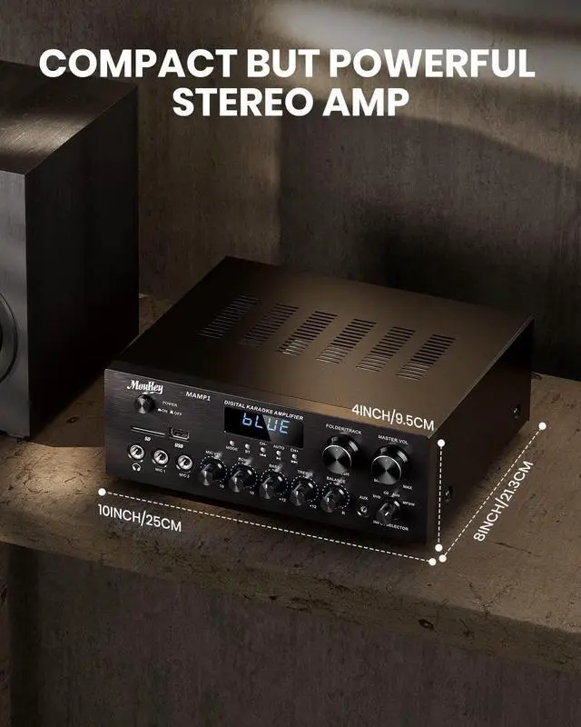 Alt view image 5 of 6 - Stereo Receivers with Bluetooth 5.0, 2.0 Channel Power Audio Amplifier Stereo System w/USB, SD, AUX, RCA, MIC in w/Echo, LED for Karaoke, Home Theater Speakers, 400W Peak, 25W× 2 RMS- MAMP1