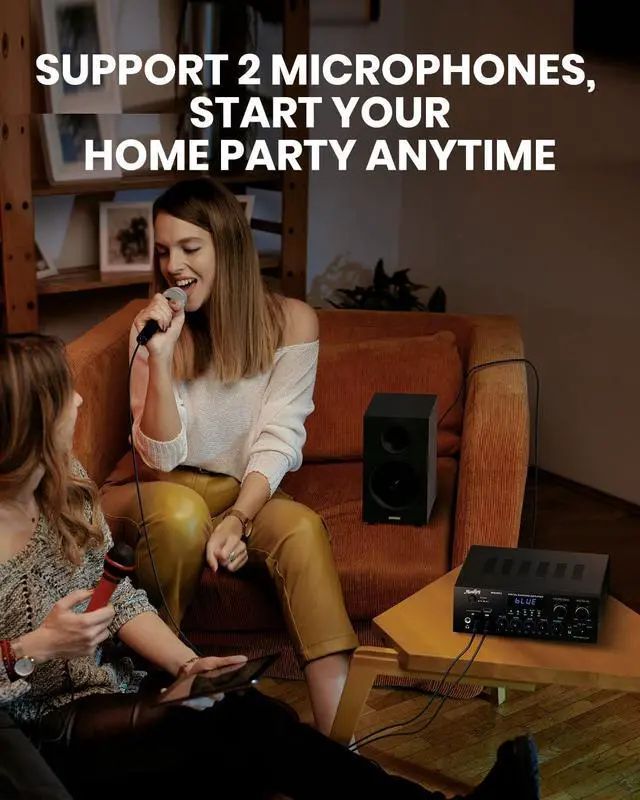 Alt view image 6 of 6 - Stereo Receivers with Bluetooth 5.0, 2.0 Channel Power Audio Amplifier Stereo System w/USB, SD, AUX, RCA, MIC in w/Echo, LED for Karaoke, Home Theater Speakers, 400W Peak, 25W× 2 RMS- MAMP1