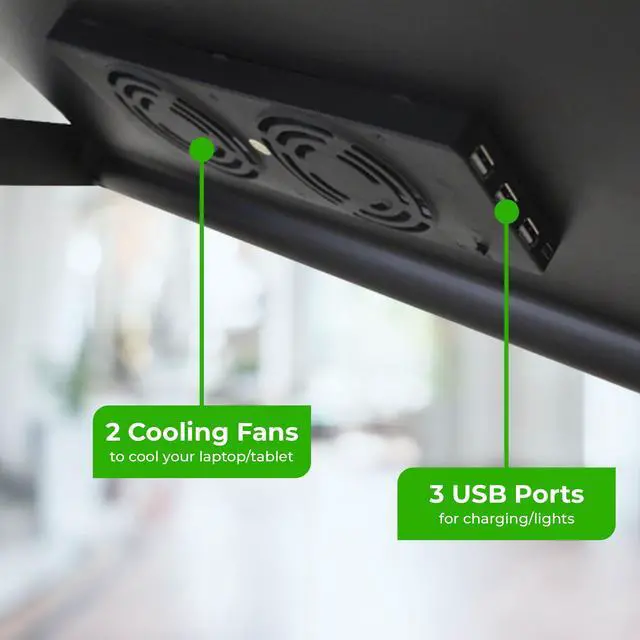 Alt view image 3 of 7 - WorkEZ Executive Laptop Cooling Stand, Adjustable Desk for Bed, Foldable with 2 Fans & 3 USB Ports, Computer Lap Desk, PC Holder for Bed, Ergonomic Table Stand, Home Office Supplies, Black