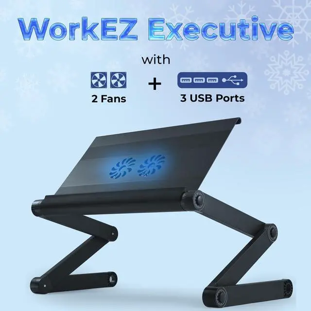 Alt view image 2 of 7 - WorkEZ Executive Laptop Cooling Stand, Adjustable Desk for Bed, Foldable with 2 Fans & 3 USB Ports, Computer Lap Desk, PC Holder for Bed, Ergonomic Table Stand, Home Office Supplies, Black