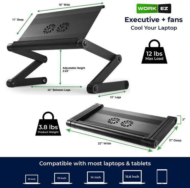 Alt view image 7 of 7 - WorkEZ Executive Laptop Cooling Stand, Adjustable Desk for Bed, Foldable with 2 Fans & 3 USB Ports, Computer Lap Desk, PC Holder for Bed, Ergonomic Table Stand, Home Office Supplies, Black