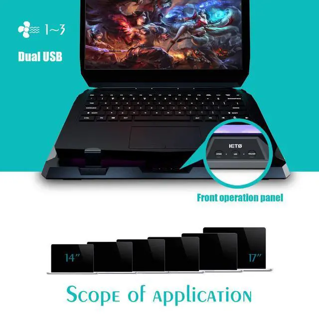Alt view image 7 of 7 - GT300 Double Blower Laptop Cooling Pad for 14-17 Inch Gaming Laptop, Cooler Pad with Dust Filter, Flexible Rubber Ring, Colorful Lights,Adjustable Mount Stand,Third Gear Speed