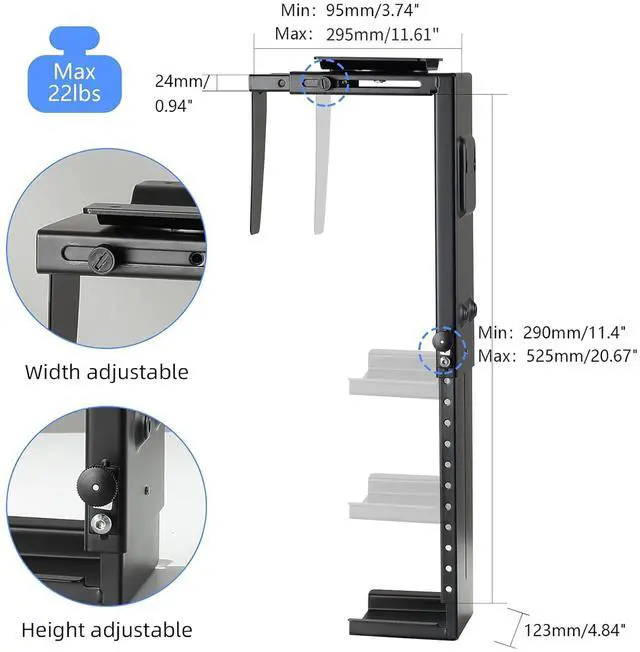 Alt view image 2 of 7 - Under Desk CPU Mount,Universal PC Wall Mount,3.94 to 11.61 inch Wide Computer Case CPU Hanger Holder,Adjustable 360° Swivel, Secure Lock, Max Load 22Lbs