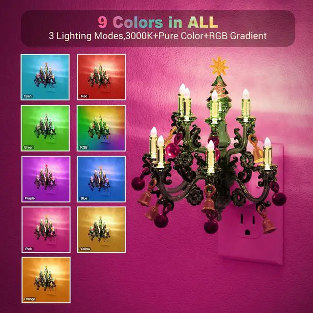 Alt view image 2 of 7 - Night Lights Plug into Wall, 2 Pack Christmas RGB Pendant Night Light with Flame Effect,10 Color Changing Nightlight with180° Rotatable,Dimmable Plug in Night Light for Home Holiday Decor