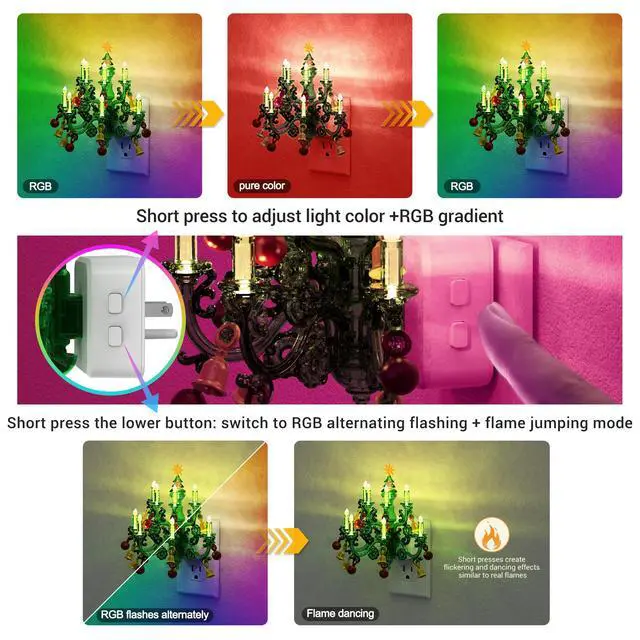 Alt view image 4 of 7 - Night Lights Plug into Wall, 2 Pack Christmas RGB Pendant Night Light with Flame Effect,10 Color Changing Nightlight with180° Rotatable,Dimmable Plug in Night Light for Home Holiday Decor