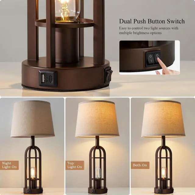 Alt view image 2 of 6 - Table Lamps for Living Room End Table Set of 2 - Farmhouse Industrial Bedside Lamps for Bedroom Nightstand with Nightlight and USB A+C, 4 Bulbs Included