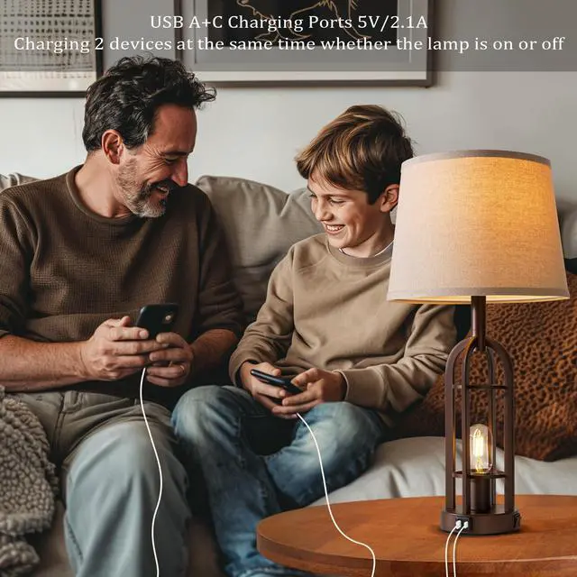 Alt view image 3 of 6 - Table Lamps for Living Room End Table Set of 2 - Farmhouse Industrial Bedside Lamps for Bedroom Nightstand with Nightlight and USB A+C, 4 Bulbs Included