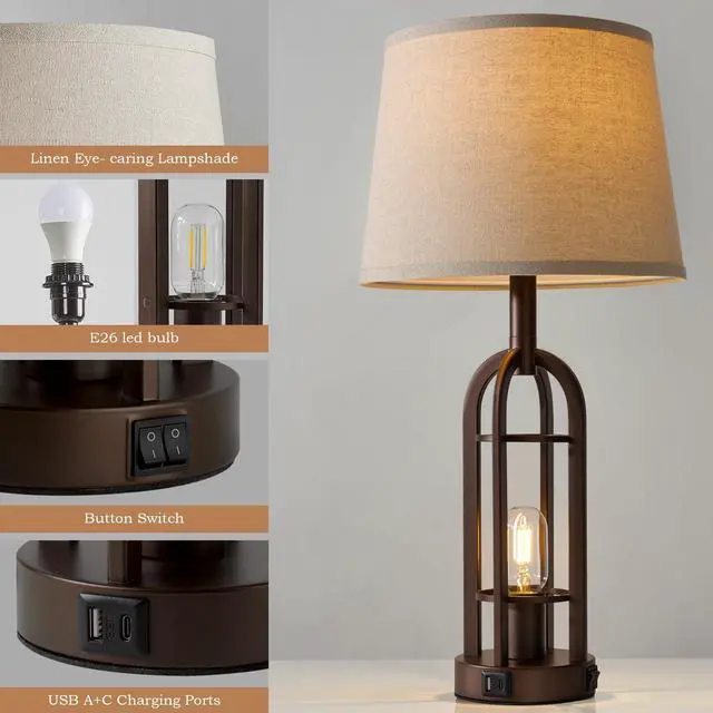 Alt view image 5 of 6 - Table Lamps for Living Room End Table Set of 2 - Farmhouse Industrial Bedside Lamps for Bedroom Nightstand with Nightlight and USB A+C, 4 Bulbs Included