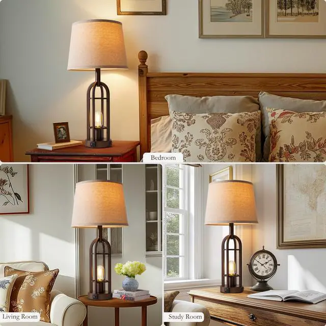 Alt view image 4 of 6 - Table Lamps for Living Room End Table Set of 2 - Farmhouse Industrial Bedside Lamps for Bedroom Nightstand with Nightlight and USB A+C, 4 Bulbs Included