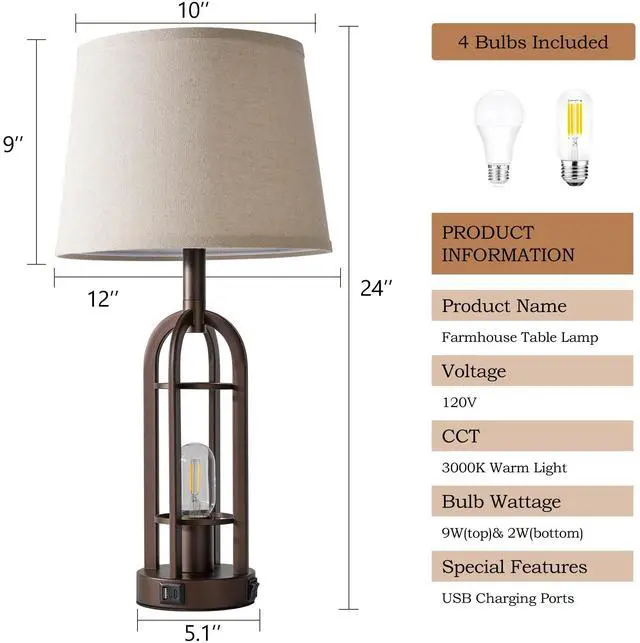 Alt view image 6 of 6 - Table Lamps for Living Room End Table Set of 2 - Farmhouse Industrial Bedside Lamps for Bedroom Nightstand with Nightlight and USB A+C, 4 Bulbs Included