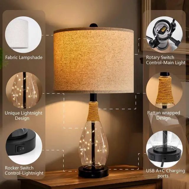 Alt view image 4 of 7 - 23" USB A+C Table Lamp for Bedroom Living Room Modern Bedside Lamps Retro Farmhouse Rattan Glass Nightstand Nightlight Lamps (Black),Two Light Points
