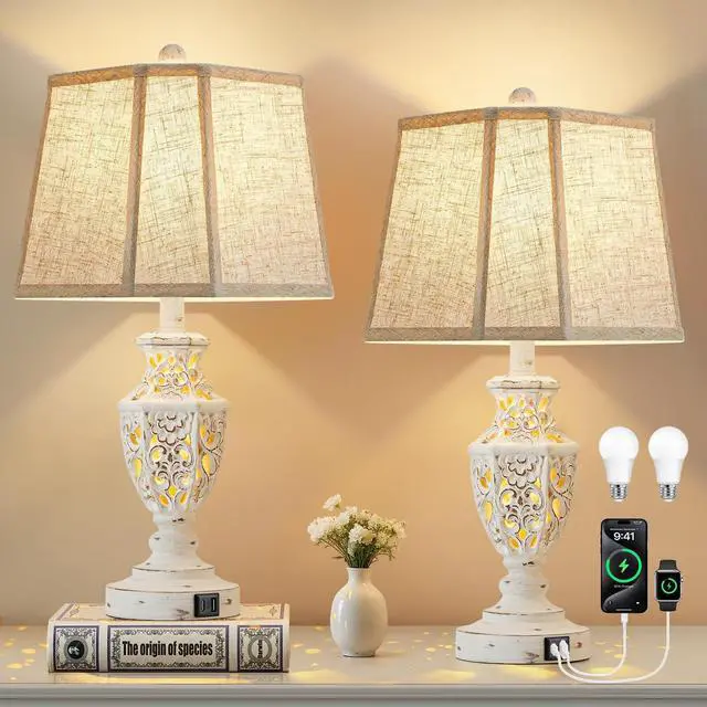 Main image of Lamps for Night Stands Set of 2-23.5" Boho Bedside Lamp with USB A+C and Nightlight - Cream Rustic Carved Resin Farmhouse Table Lamp for Bedrooms, End Tables, Living Room, Bulbs Included