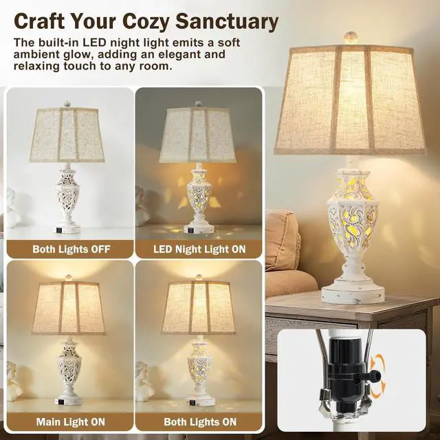 Alt view image 3 of 7 - Lamps for Night Stands Set of 2-23.5" Boho Bedside Lamp with USB A+C and Nightlight - Cream Rustic Carved Resin Farmhouse Table Lamp for Bedrooms, End Tables, Living Room, Bulbs Included