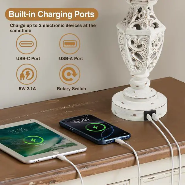 Alt view image 4 of 7 - Lamps for Night Stands Set of 2-23.5" Boho Bedside Lamp with USB A+C and Nightlight - Cream Rustic Carved Resin Farmhouse Table Lamp for Bedrooms, End Tables, Living Room, Bulbs Included