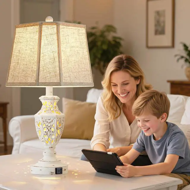 Alt view image 5 of 7 - Lamps for Night Stands Set of 2-23.5" Boho Bedside Lamp with USB A+C and Nightlight - Cream Rustic Carved Resin Farmhouse Table Lamp for Bedrooms, End Tables, Living Room, Bulbs Included