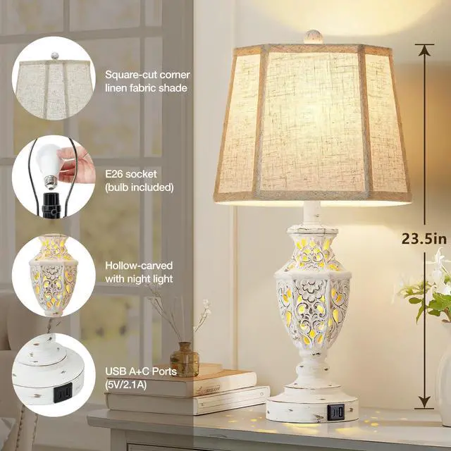 Alt view image 7 of 7 - Lamps for Night Stands Set of 2-23.5" Boho Bedside Lamp with USB A+C and Nightlight - Cream Rustic Carved Resin Farmhouse Table Lamp for Bedrooms, End Tables, Living Room, Bulbs Included