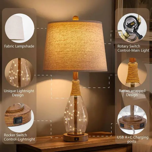 Alt view image 3 of 7 - 23" USB A+C Table Lamp for Bedroom Living Room Modern Bedside Lamps Retro Farmhouse Rattan Glass Nightstand Nightlight Lamps,Two Light Points