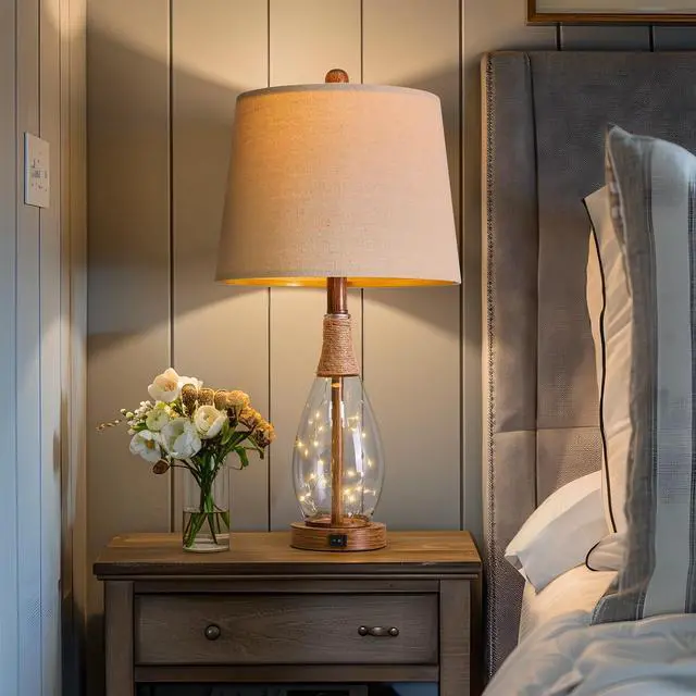 Alt view image 5 of 7 - 23" USB A+C Table Lamp for Bedroom Living Room Modern Bedside Lamps Retro Farmhouse Rattan Glass Nightstand Nightlight Lamps,Two Light Points