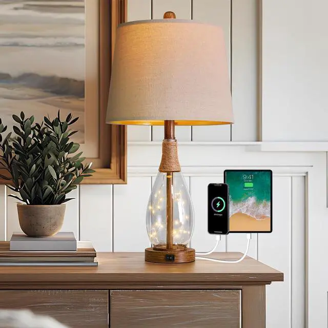 Alt view image 6 of 7 - 23" USB A+C Table Lamp for Bedroom Living Room Modern Bedside Lamps Retro Farmhouse Rattan Glass Nightstand Nightlight Lamps,Two Light Points