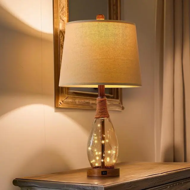 Alt view image 7 of 7 - 23" USB A+C Table Lamp for Bedroom Living Room Modern Bedside Lamps Retro Farmhouse Rattan Glass Nightstand Nightlight Lamps,Two Light Points