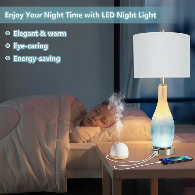 Alt view image 3 of 7 - 26in Tall Glass Table Lamps Set of 2 with 2 USB Charging Ports & LED Nightlight, Large Coastal Table Lamps for Living Room End Table, Modern Beach Lamps for Bedroom Bedside Nightstand, Blue