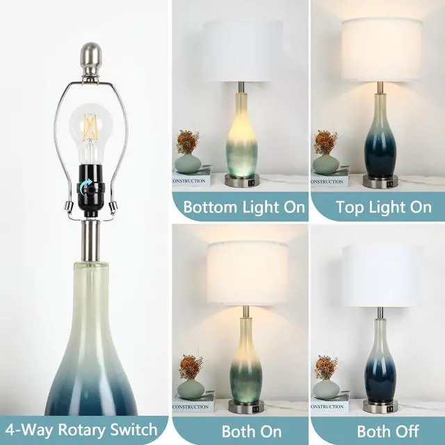 Alt view image 4 of 7 - 26in Tall Glass Table Lamps Set of 2 with 2 USB Charging Ports & LED Nightlight, Large Coastal Table Lamps for Living Room End Table, Modern Beach Lamps for Bedroom Bedside Nightstand, Blue